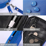 Custodia organizer blu con cinturino da polso, tessuto impermeabile, portapenne, portachiavi rimovibile, cerniera in metallo liscia e scomparto monete.