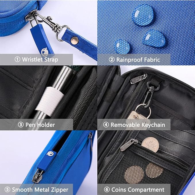 Custodia organizer blu con cinturino da polso, tessuto impermeabile, portapenne, portachiavi rimovibile, cerniera in metallo liscia e scomparto monete.