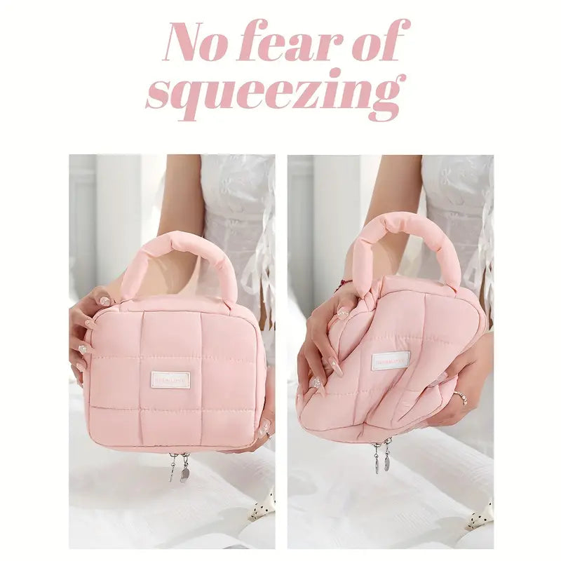 Borsa a mano rosa imbottita, design trapuntato, resistente alla compressione, chiusura a zip, manico morbido, ideale per moda femminile.