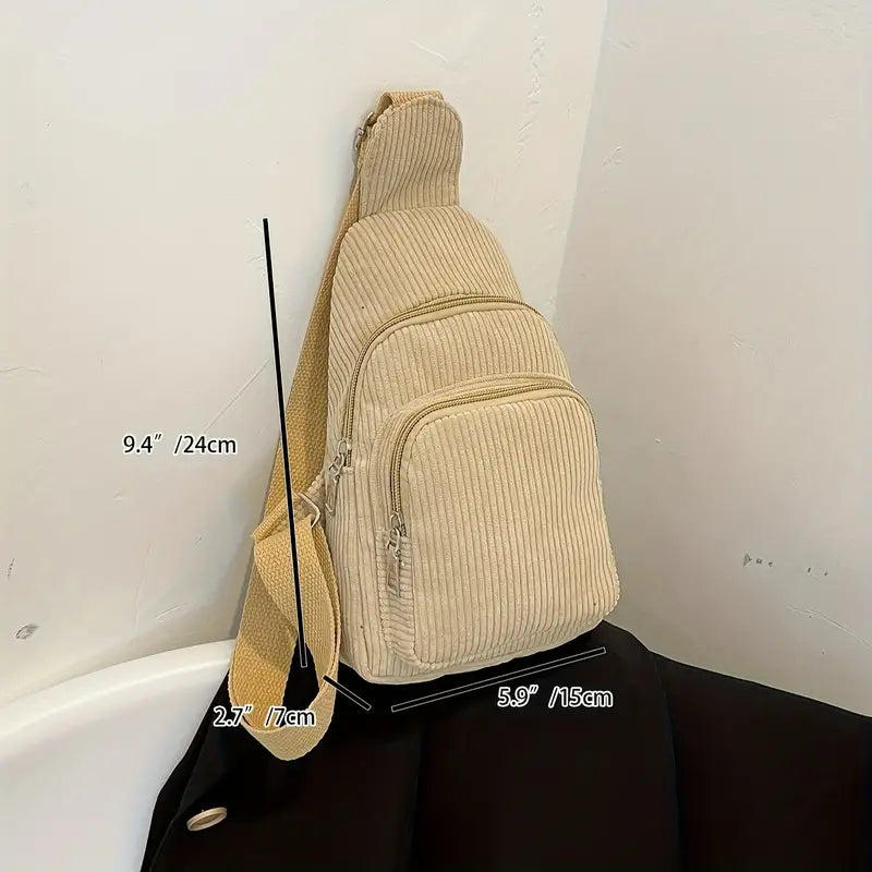 Zaino a tracolla beige in velluto a coste con tasche multiple, dimensioni 24x15x7cm, ideale per moda casual e viaggi urbani.