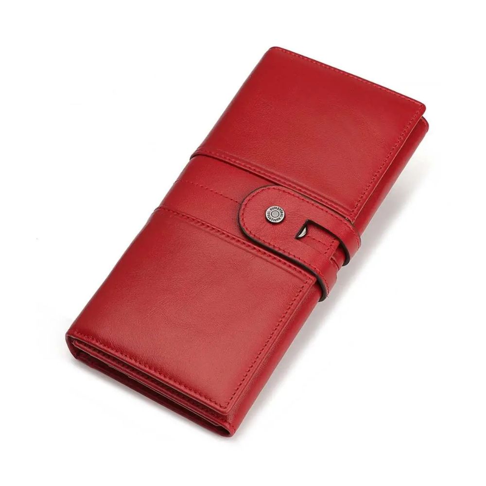 Portafoglio donna in pelle rossa, design elegante con chiusura a bottone, accessorio moda, ideale per organizzare carte e contanti.