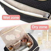 Borsa da viaggio impermeabile con doppio scomparto: zona umida per asciugamani e zona asciutta per cosmetici e prodotti di bellezza.