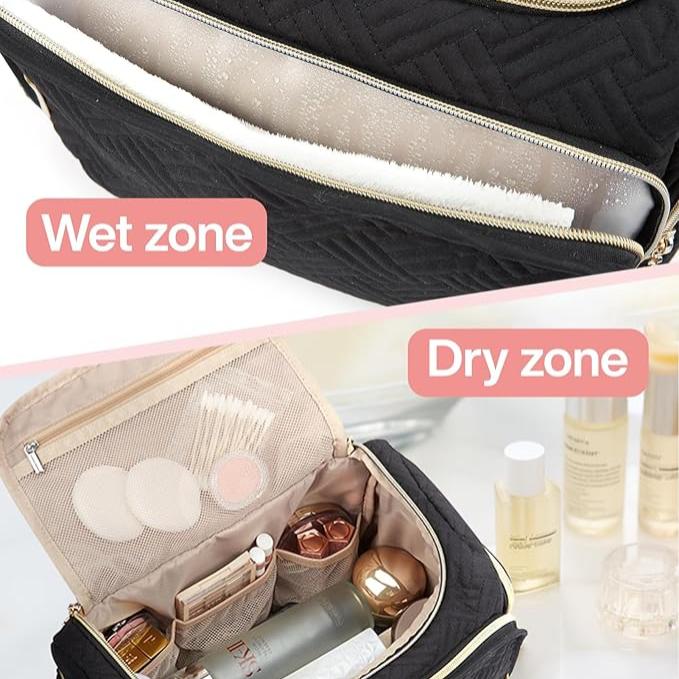 Borsa da viaggio impermeabile con doppio scomparto: zona umida per asciugamani e zona asciutta per cosmetici e prodotti di bellezza.