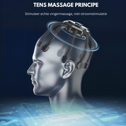 Testa umana con dispositivo massaggiante TENS, simula massaggio con dita, tecnologia avanzata, rilassamento, benessere, stimolazione non elettrica.
