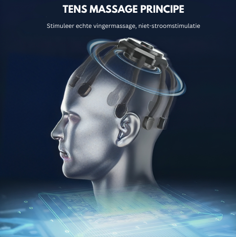 Testa umana con dispositivo massaggiante TENS, simula massaggio con dita, tecnologia avanzata, rilassamento, benessere, stimolazione non elettrica.