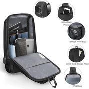 Zaino antifurto nero con tasche multiple, scomparto per laptop, tasca nascosta, porta USB, ideale per viaggi e lavoro, design moderno e funzionale.