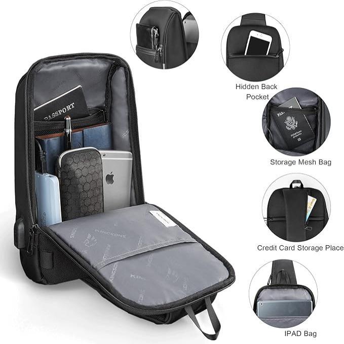 Zaino antifurto nero con tasche multiple, scomparto per laptop, tasca nascosta, porta USB, ideale per viaggi e lavoro, design moderno e funzionale.