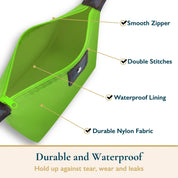 Borsa verde in nylon resistente con cerniera liscia, cuciture doppie e fodera impermeabile. Ideale per protezione contro usura e perdite.