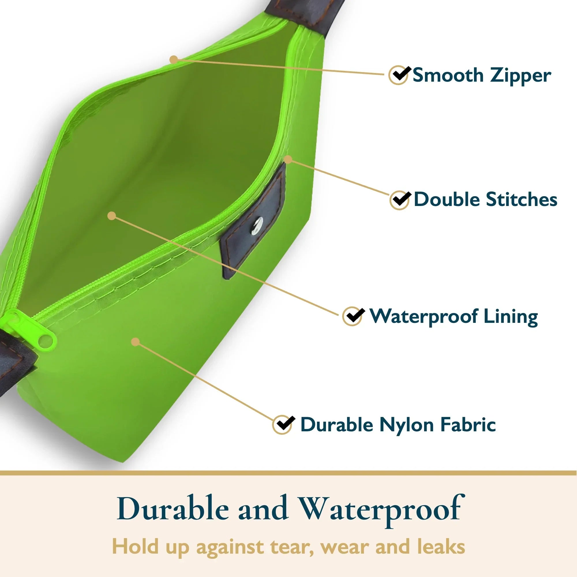 Borsa verde in nylon resistente con cerniera liscia, cuciture doppie e fodera impermeabile. Ideale per protezione contro usura e perdite.