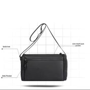 Borsa a tracolla nera unisex con tasca posteriore antifurto, tasca laterale e tracolla regolabile. Design moderno e funzionale per viaggi e lavoro.