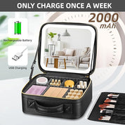Custodia trucco con specchio LED, batteria ricaricabile 2000mAh, USB, organizer cosmetici nero, ideale per viaggi, accessori bellezza inclusi.