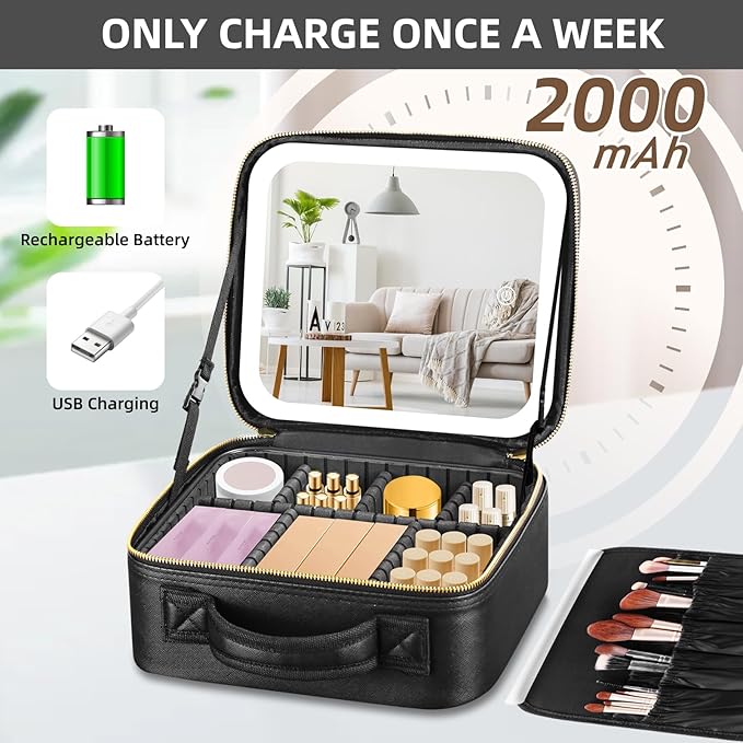 Custodia trucco con specchio LED, batteria ricaricabile 2000mAh, USB, organizer cosmetici nero, ideale per viaggi, accessori bellezza inclusi.