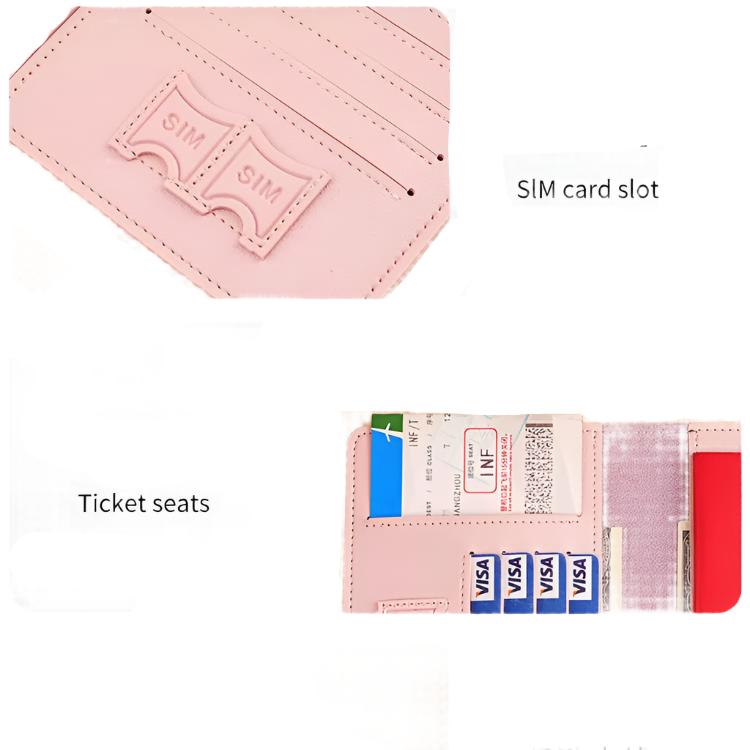 Portafoglio rosa multifunzione con slot per schede SIM, scomparti per biglietti e carte di credito. Design elegante e pratico per viaggiatori.