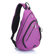 Zaino a tracolla viola, design ergonomico, tasche multiple con cerniera, ideale per viaggi e attività all'aperto. Materiale resistente e leggero.