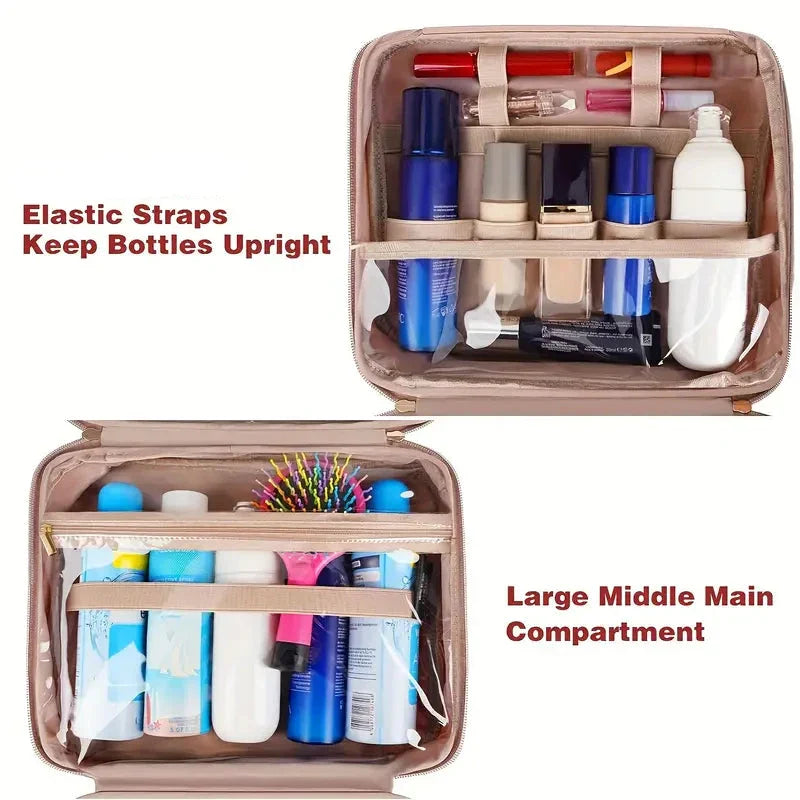 Beauty case da viaggio beige con scomparti trasparenti, elastici per bottiglie e ampio spazio centrale. Ideale per cosmetici e articoli da toeletta.