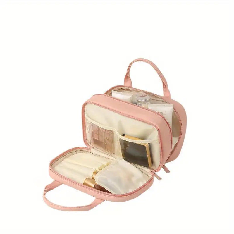 Astuccio da viaggio rosa con scomparti, ideale per cosmetici e accessori. Design compatto, perfetto per organizzare trucchi e prodotti di bellezza.