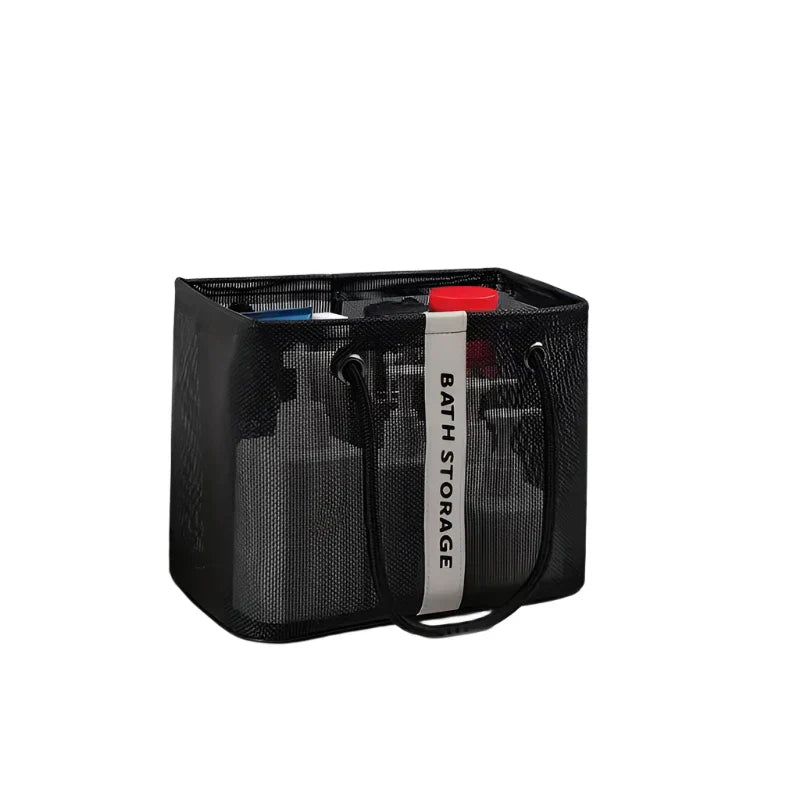Borsa organizer da bagno nera in rete con manici, etichetta "Bath Storage", ideale per conservare prodotti da bagno e accessori.