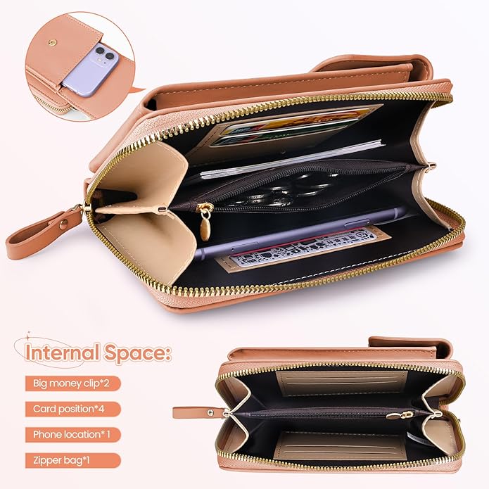 Portafoglio donna in pelle marrone con cerniera, scomparti per carte, tasca per telefono e clip per banconote. Design elegante e funzionale.