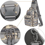 Zaino monospalla mimetico militare, tasche multiple, fibbia regolabile, cerniere resistenti, gancio robusto, ideale per escursioni e outdoor.