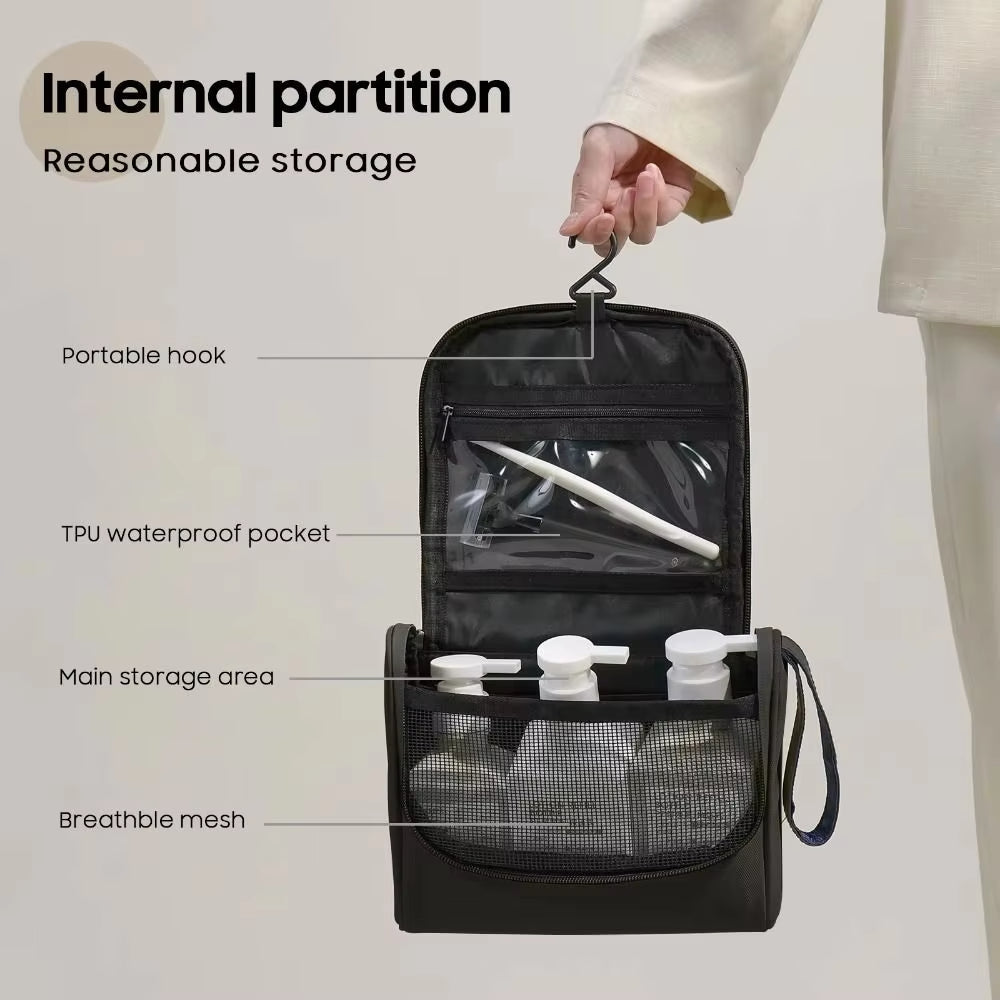 Borsa da viaggio nera con gancio portatile, tasca impermeabile in TPU, area di stoccaggio principale e rete traspirante. Ideale per organizzazione.