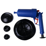 Pompa sturalavandini ad aria compressa blu con accessori neri, ideale per sturare lavandini e tubature. Strumento idraulico efficace e versatile.