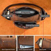 Borsa a tracolla in pelle marrone con tasche multiple: tasca principale, tasche laterali, tasca frontale e posteriore con zip. Design elegante e funzionale.