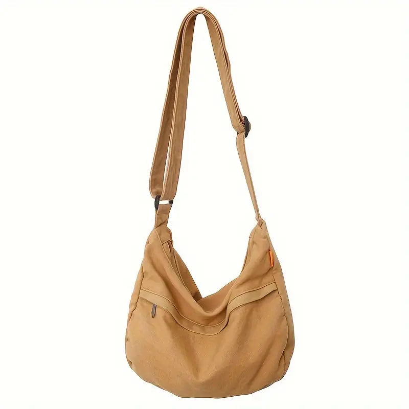 Borsa a tracolla in tela beige, design casual, con cerniera e tasche multiple. Accessorio moda donna, ideale per uso quotidiano.