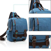 Zaino a tracolla in tela blu con dettagli in pelle marrone, tasche multiple, cerniere robuste e fibbie regolabili. Design pratico e resistente.