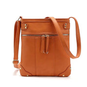 Borsa a tracolla in pelle arancione con cerniera frontale, dettagli in metallo dorato e tasche multiple. Elegante e pratica per l'uso quotidiano.