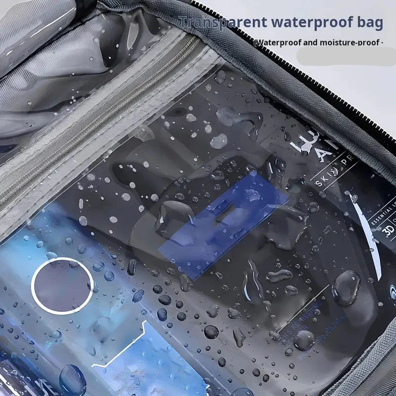 Borsa impermeabile trasparente con chiusura a zip, resistente all'umidità, ideale per proteggere dispositivi elettronici e documenti dall'acqua.