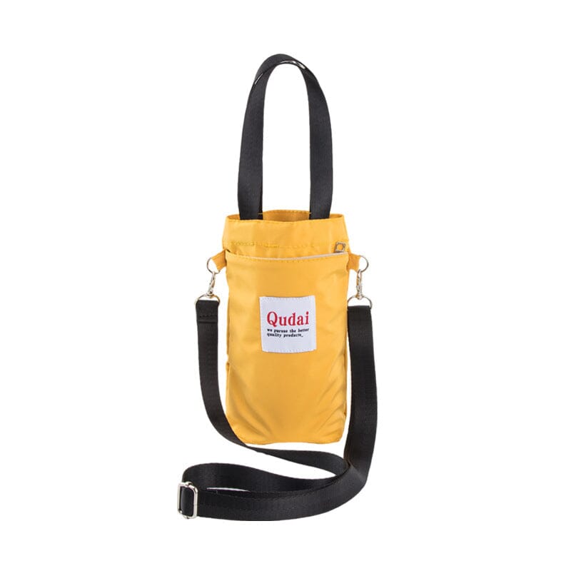 Borsa a tracolla gialla con manici neri, tasca frontale e logo "Qudai". Design moderno, ideale per moda casual e accessori quotidiani.