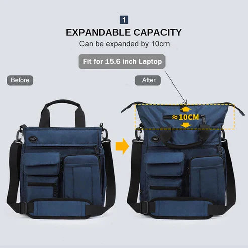 Borsa espandibile per laptop 15,6 pollici, colore blu, con capacità aumentabile di 10 cm, tasche multiple, tracolla regolabile, design versatile.