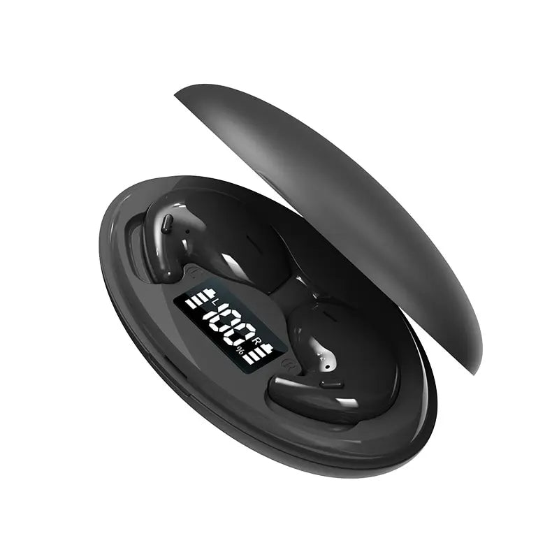 Cuffie wireless nere in custodia di ricarica con display LED, design moderno, compatibili Bluetooth, ideali per musica e chiamate.