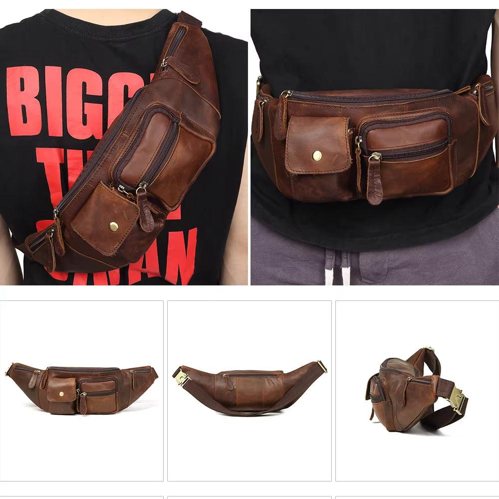 Marsupio in pelle marrone vintage, design multi-tasca, chiusura con cerniera, ideale per viaggi e uso quotidiano. Accessorio moda uomo pratico e resistente.