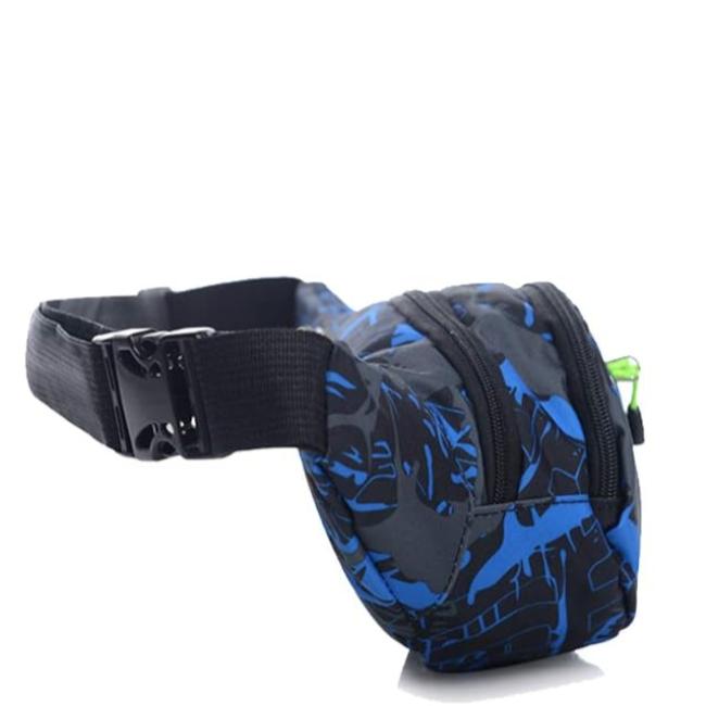 Marsupio sportivo nero e blu con stampa astratta, doppia cerniera e cintura regolabile. Accessorio moda unisex, pratico per attività all'aperto.