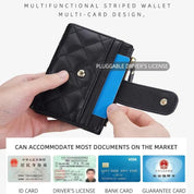 Portafoglio multifunzionale nero con design a righe, tasca per patente, spazio per carte di credito e documenti. Elegante e pratico per uso quotidiano.
