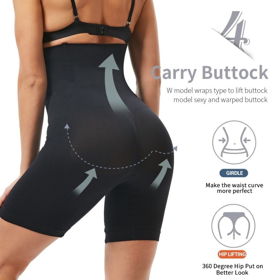Donna in biancheria modellante nera, evidenziando sollevamento glutei e snellimento vita. Intimo contenitivo, effetto push-up, shapewear.