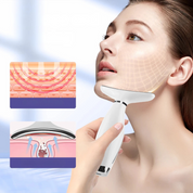 Donna utilizza massaggiatore viso a LED per rassodare la pelle. Immagini mostrano effetto lifting e miglioramento circolazione. Cura della pelle, bellezza.