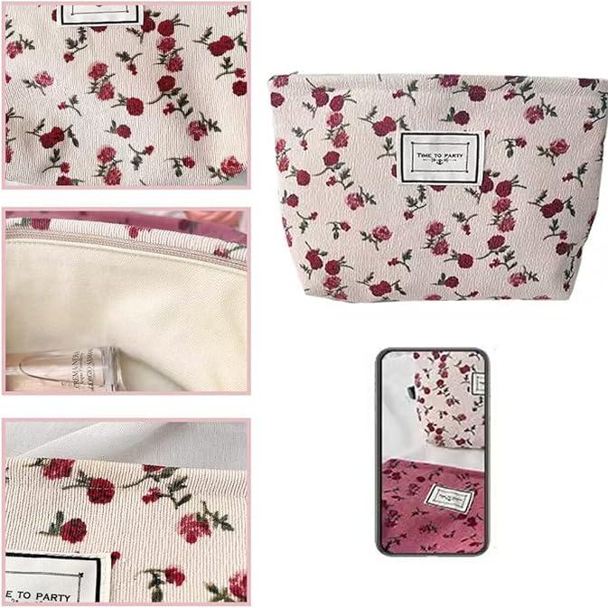 Borsa cosmetica floreale bianca con rose rosse, chiusura zip, interno spazioso. Ideale per trucco, accessori viaggio. Design elegante e pratico.