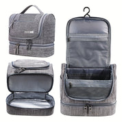 Borsa da toilette grigia con gancio, scomparti multipli, impermeabile, ideale per viaggi, organizer cosmetici, design compatto e funzionale.