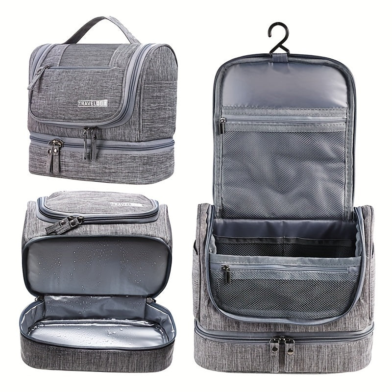 Borsa da toilette grigia con gancio, scomparti multipli, impermeabile, ideale per viaggi, organizer cosmetici, design compatto e funzionale.