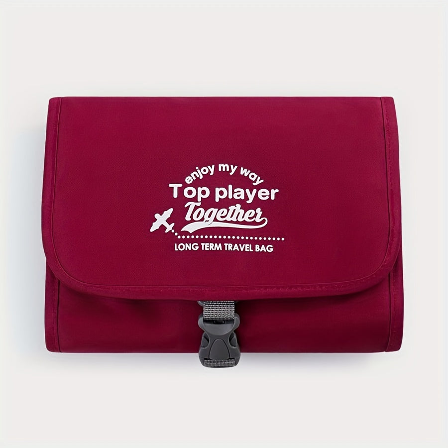 Borsa da viaggio rossa con scritta "Top player Together", chiusura a fibbia, ideale per viaggi a lungo termine. Accessorio pratico e resistente.