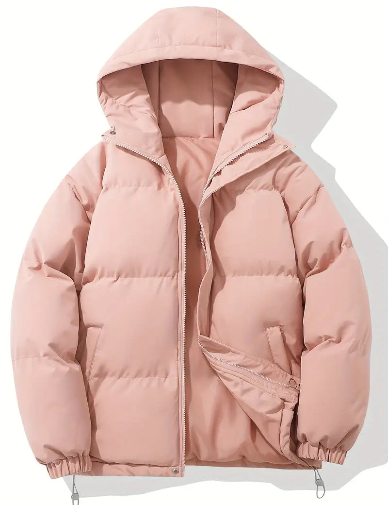 Giacca invernale imbottita rosa con cappuccio, chiusura a zip, design trapuntato, ideale per moda donna, abbigliamento caldo e casual.