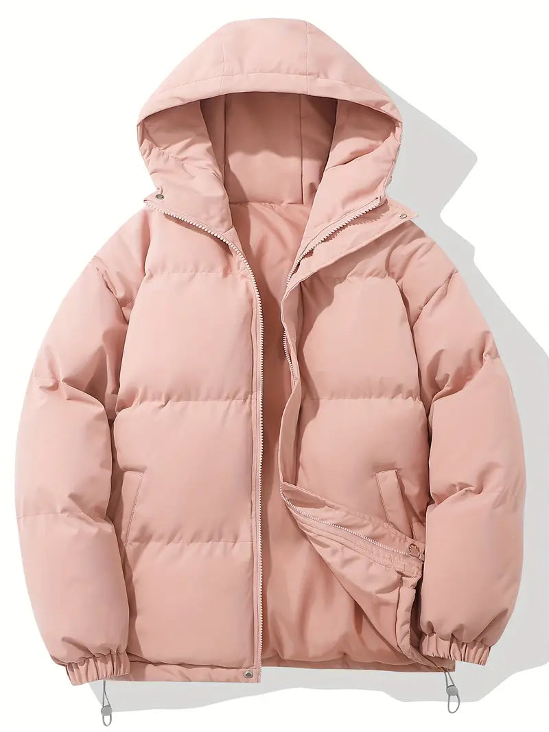 Giacca invernale imbottita rosa con cappuccio, chiusura a zip, design trapuntato, ideale per moda donna, abbigliamento caldo e casual.