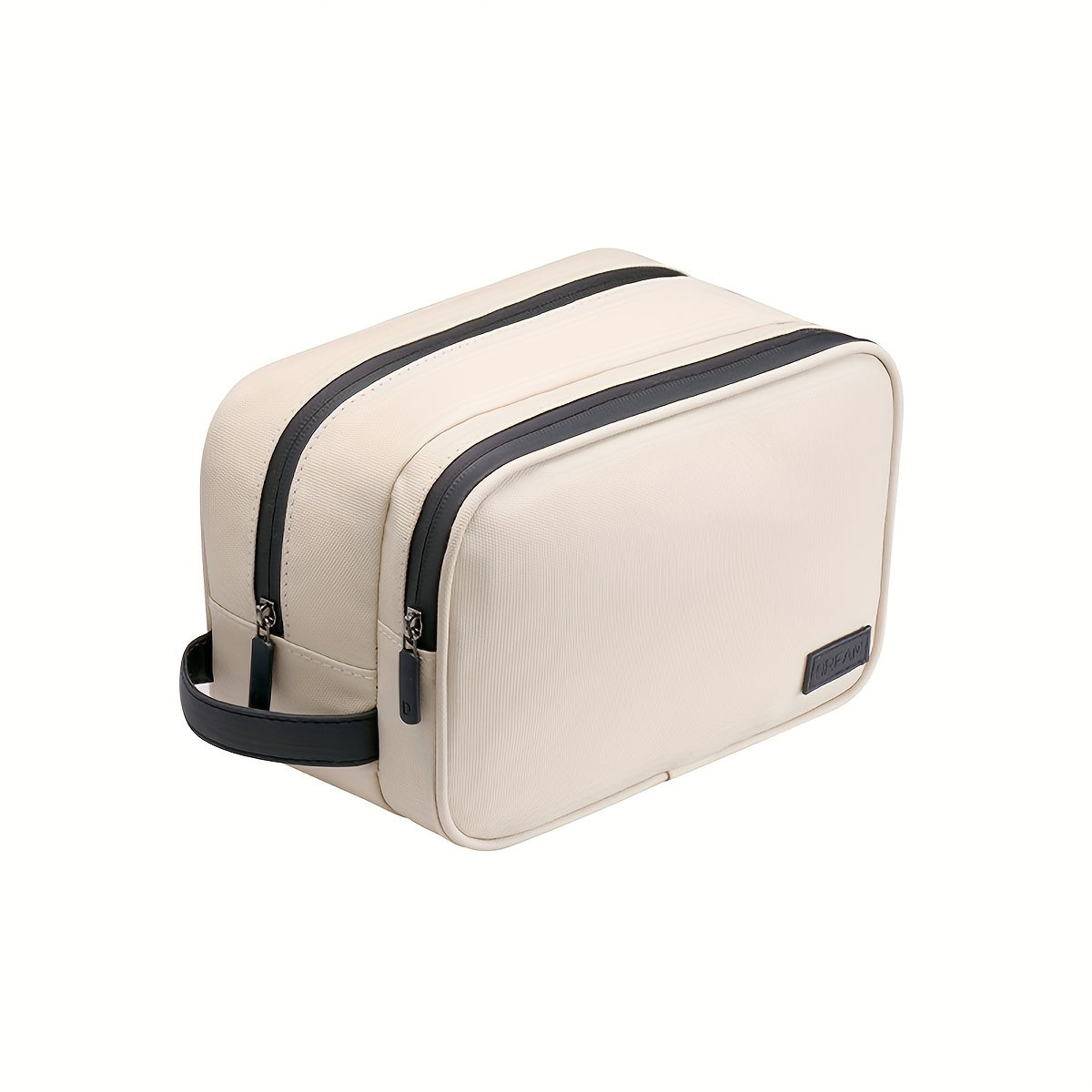Borsa da toilette beige con doppia cerniera e manico nero, design elegante e compatto, ideale per viaggi e organizzazione accessori personali.