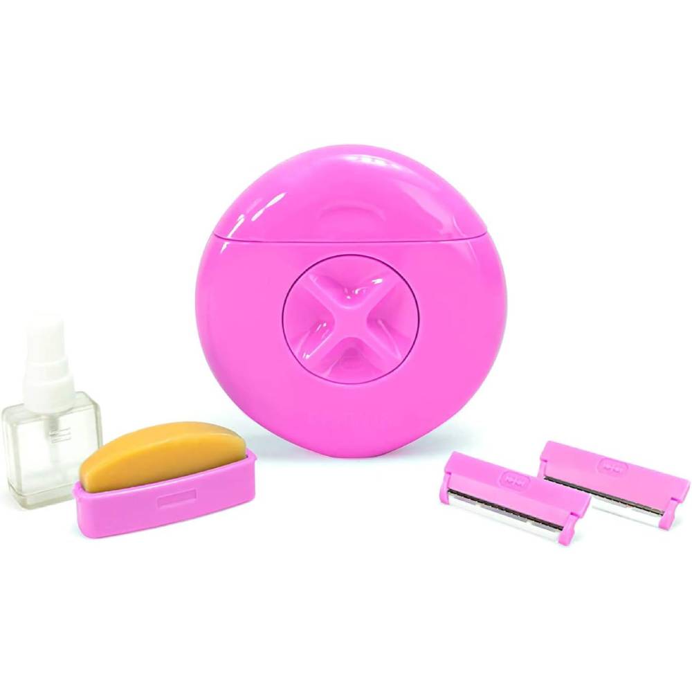 Set da viaggio per rasatura femminile, include rasoio rosa compatto, lame di ricambio, sapone e flacone spray. Ideale per depilazione veloce.
