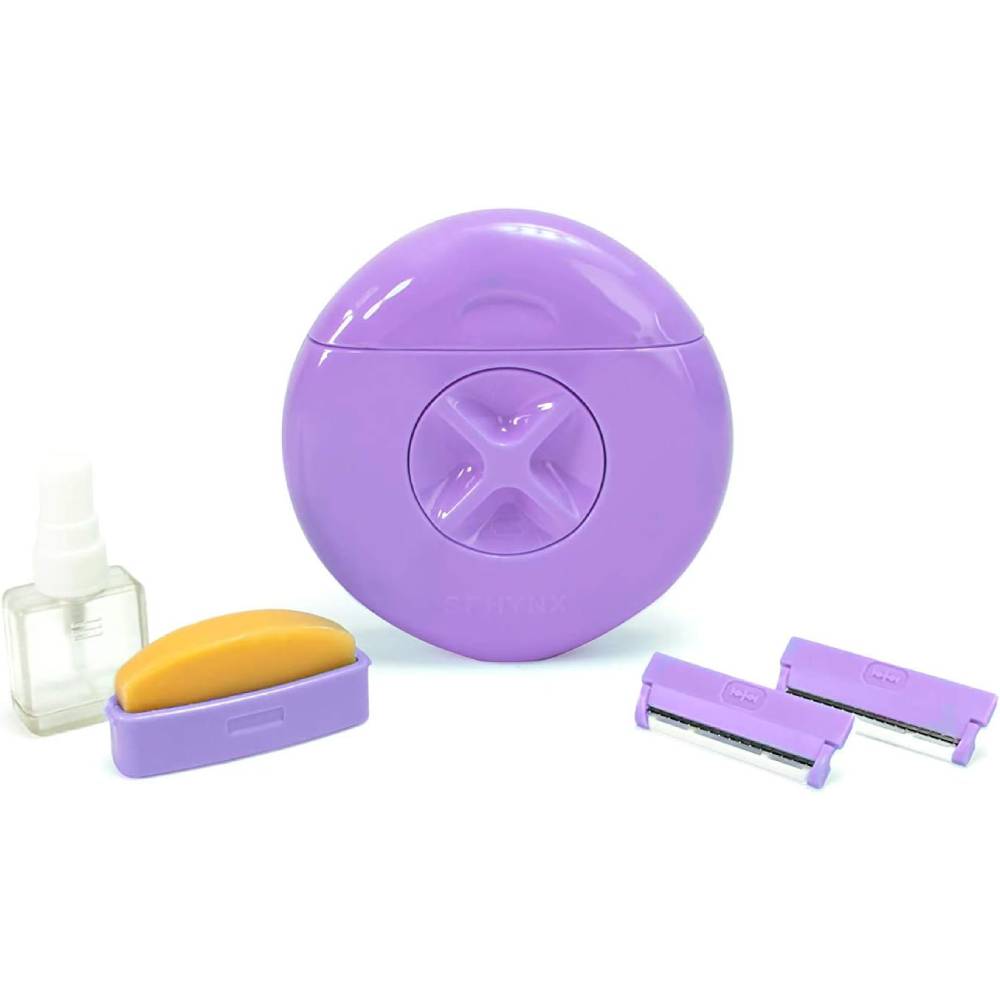 Kit da viaggio per rasatura femminile, include rasoio portatile viola, due lame di ricambio, sapone e flacone spray. Ideale per pelle liscia ovunque.