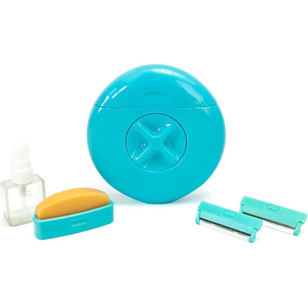 Set da viaggio per rasatura donna, include rasoio compatto turchese, due lame di ricambio, sapone e flacone spray. Ideale per pelle liscia ovunque.