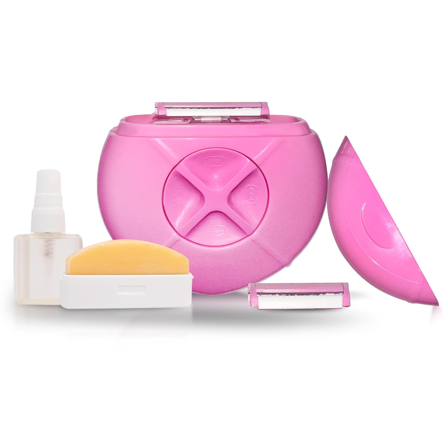 Rasoio portatile rosa per donna con testine intercambiabili, spray idratante e sapone. Kit depilazione compatto, ideale per viaggi e uso quotidiano.