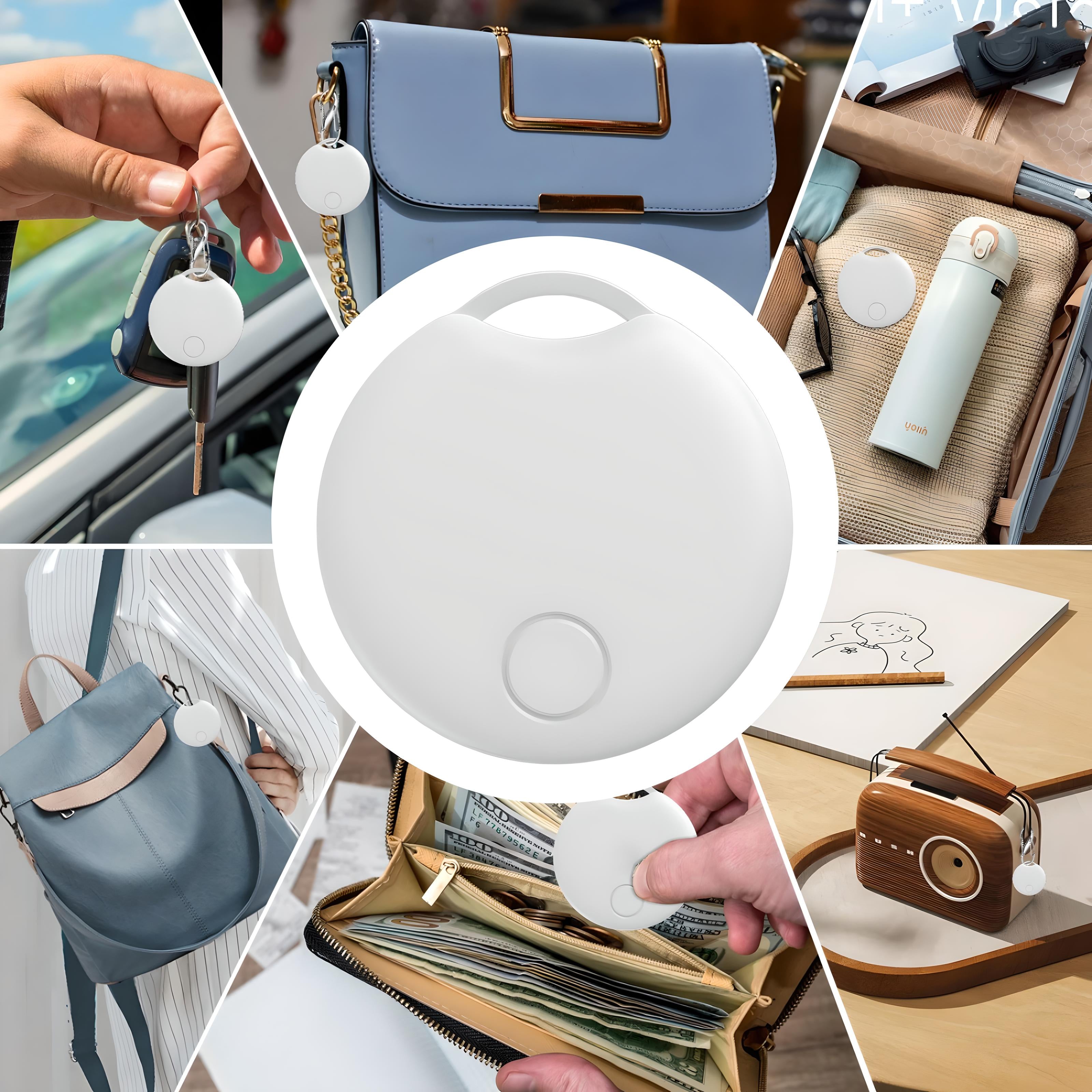 Dispositivo di localizzazione Bluetooth bianco, compatto, attaccato a chiavi, borse e portafogli. Ideale per tracciare oggetti personali.